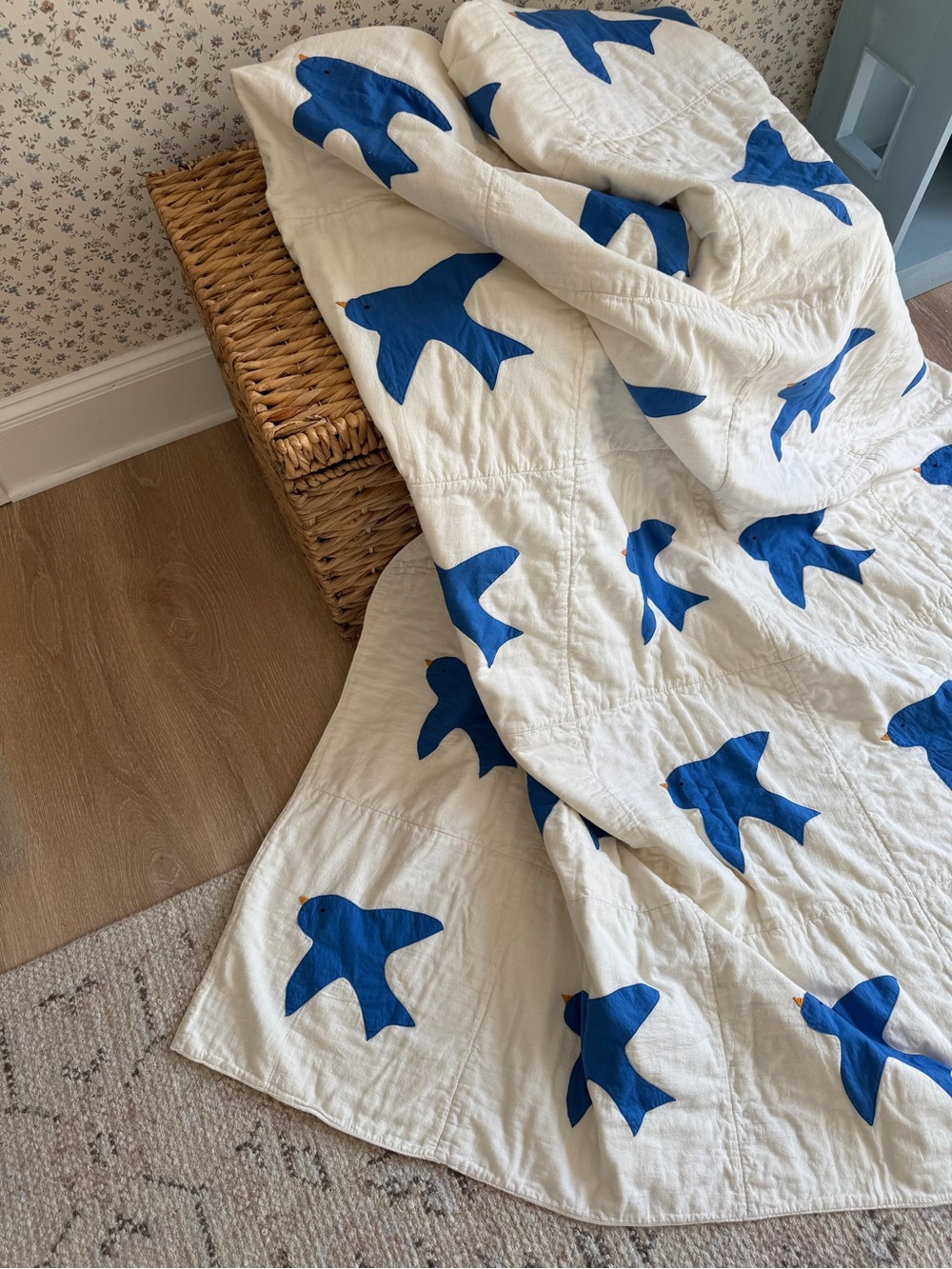 Handmade quilt vintage antique blue bird feed sack flour tea towel repurposed